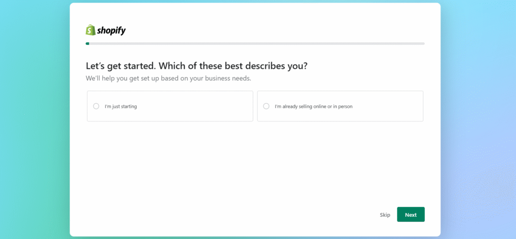 screenshot of a question in Shopify’s account creation quiz