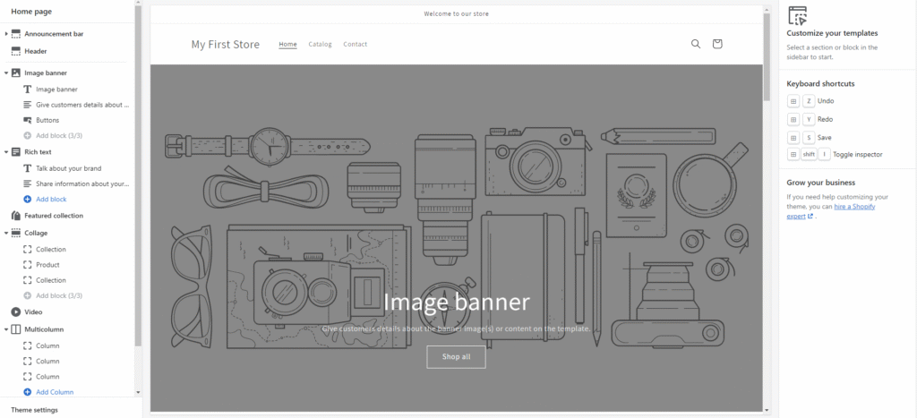 screenshot of Shopify’s theme editing page