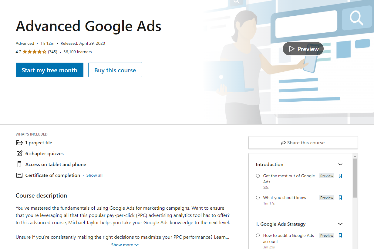 screenshot of LinkedIn Learning Advanced Google Ads course
