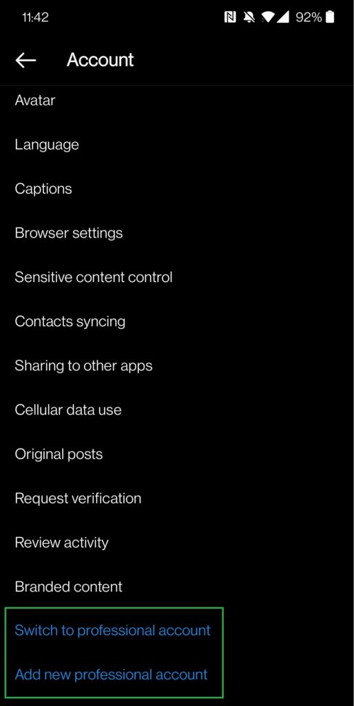 screenshot of Instagram account page highlighting professional account options