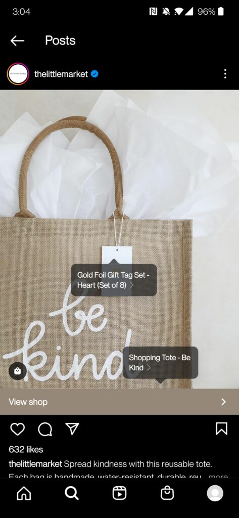 screenshot of an Instagram page showcasing product tags