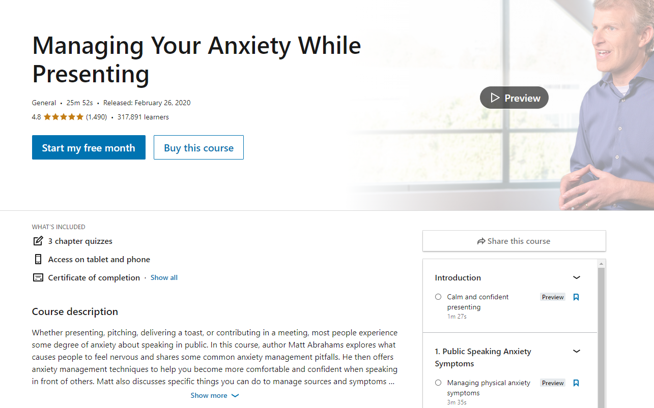 Screenshot of LinkedIn Learning Managing Anxiety presentation training course