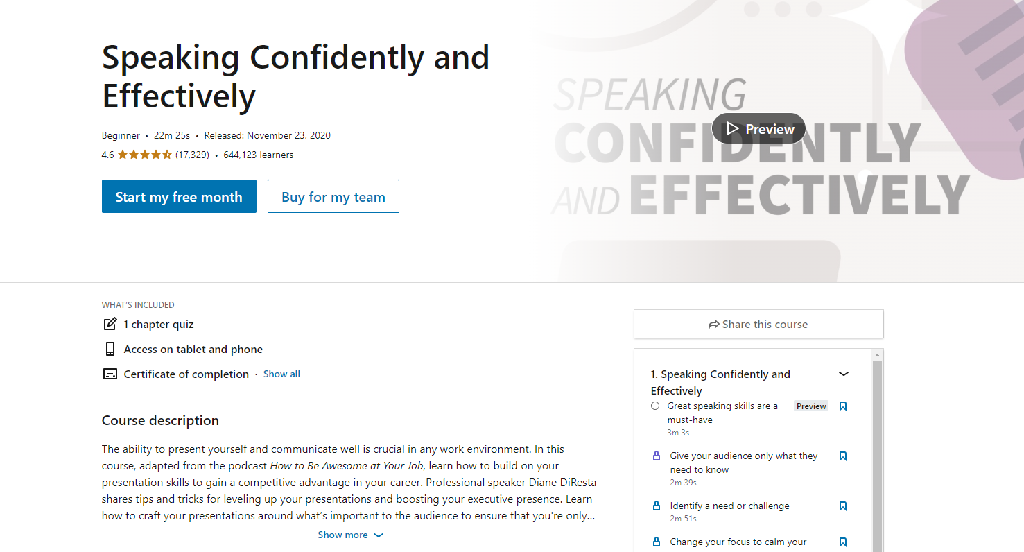 Screenshot of LinkedIn Learning Speaking Confidently presentation training course