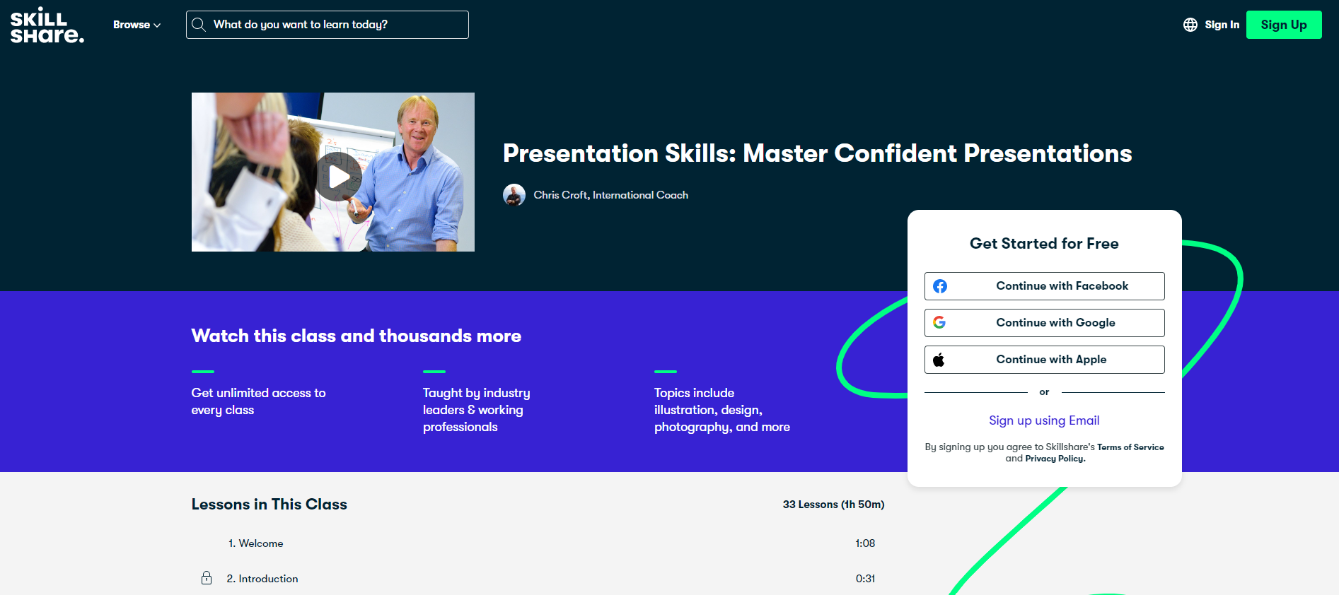 Screenshot of Skillshare presentation training course