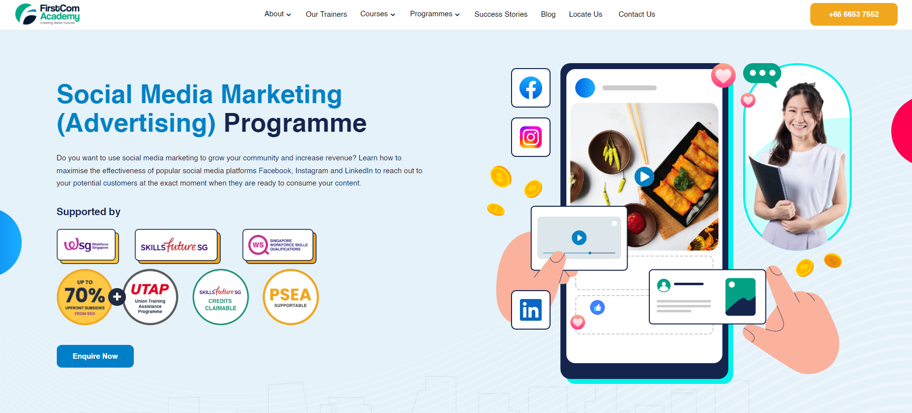Screenshot of FirstCom Academy’s Social Media Marketing programme page