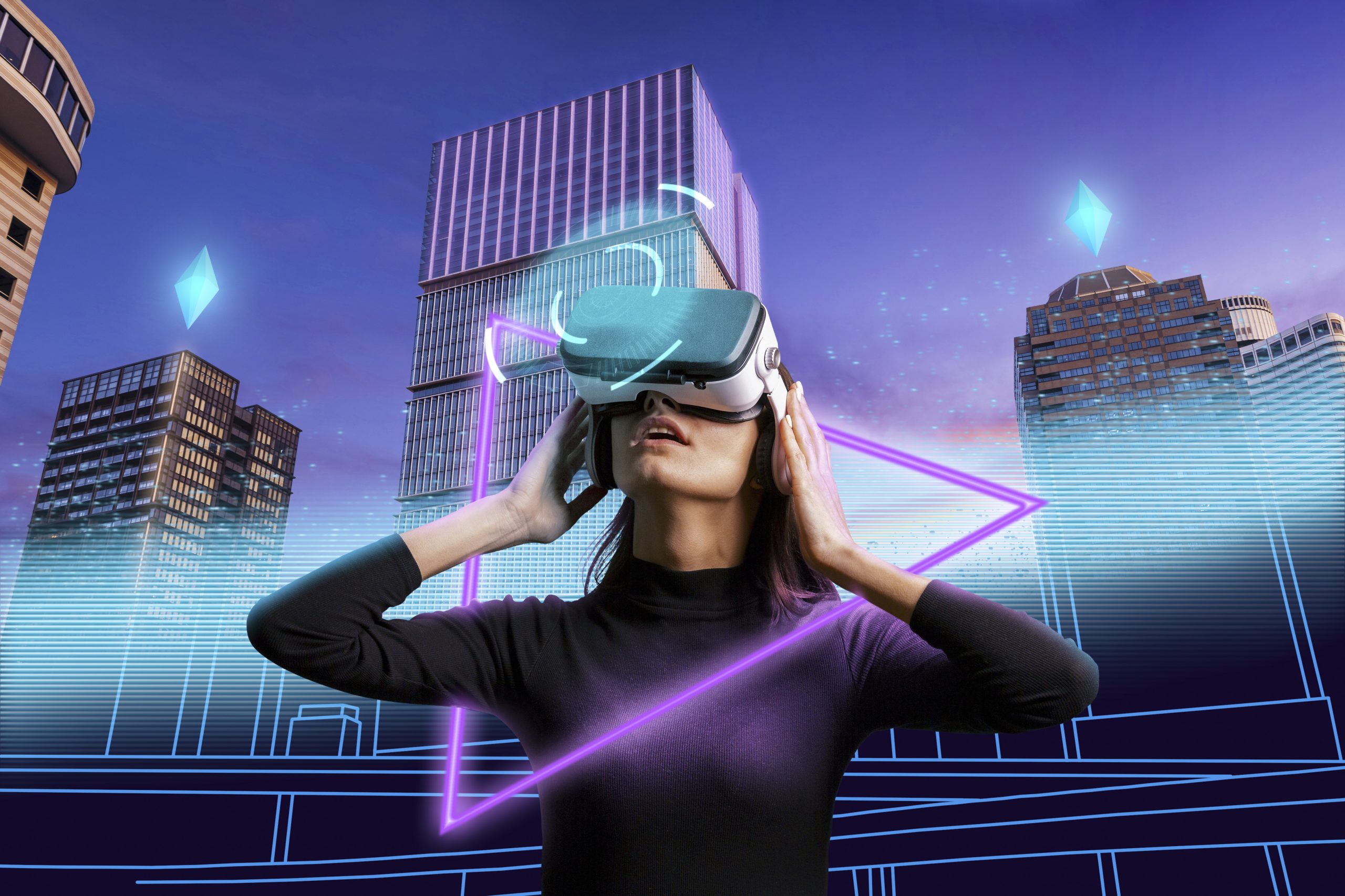 A woman immersed in virtual reality using a VR headset, with a digitally enhanced cityscape background featuring futuristic neon graphics and floating Ethereum-like symbols. Source: Image by Freepik.