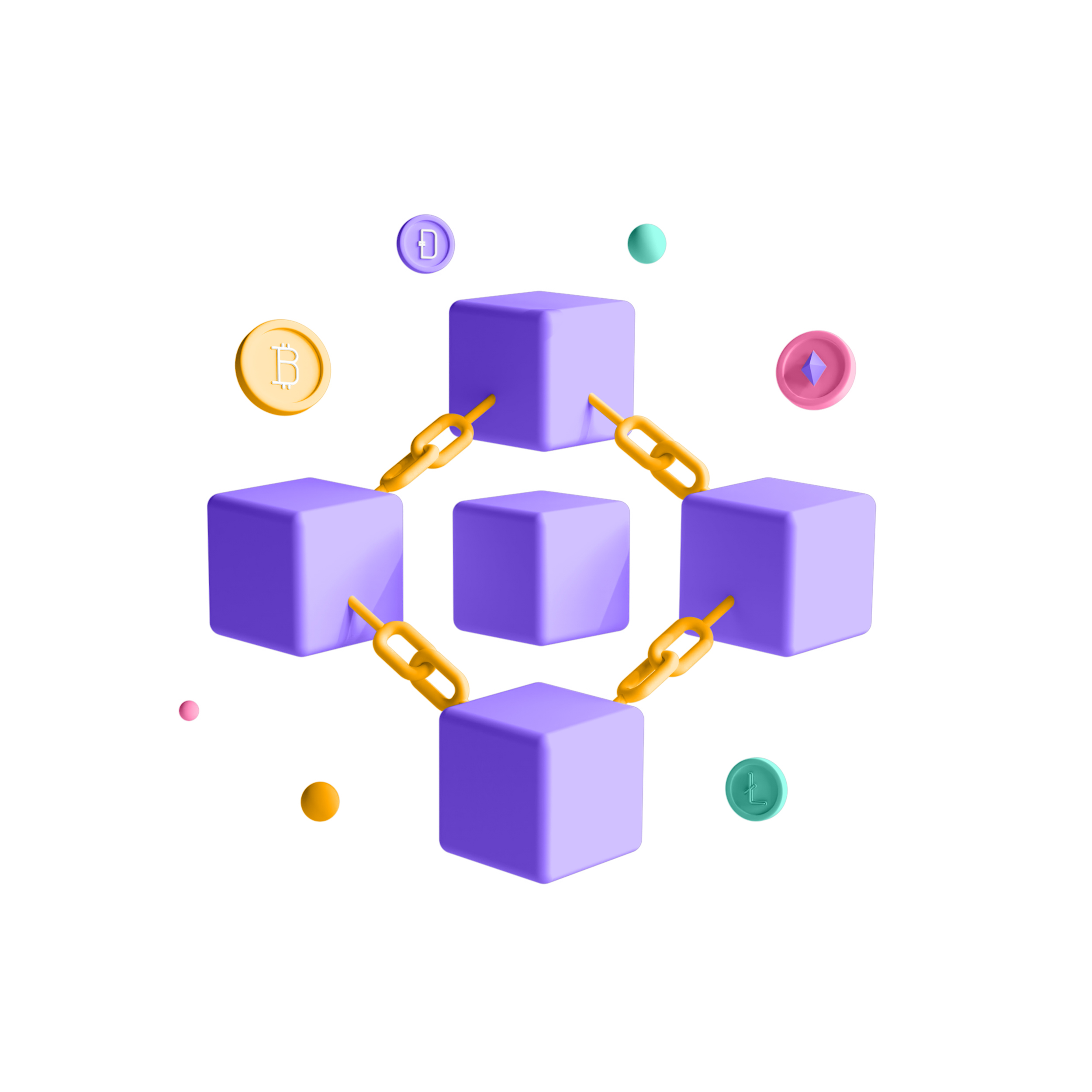 Graphic representation of blockchain technology with purple cubes linked by golden chains, surrounded by various cryptocurrency symbols like Bitcoin and Ethereum. Source: Image by Graphue on Freepik.